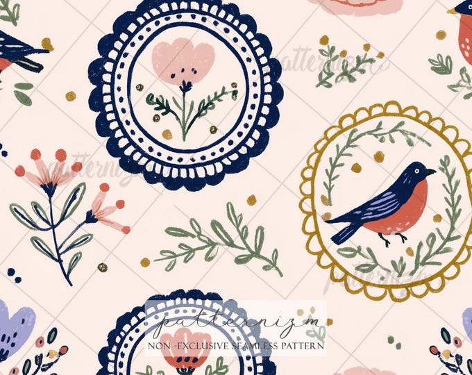 Seamless Folk Bird Pattern Digital Download – Scandinavian Floral Plate Design, Whimsical Nature Fabric & Wallpaper