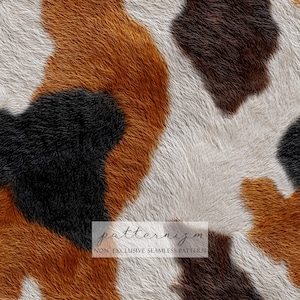 May include: Seamless pattern with a cowhide design. The pattern features patches of black, brown, orange, and white, creating a natural and textured appearance. The image includes the text "patternizm" and "NON EXCLUSIVE SEAMLESS PATTERN".