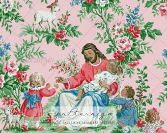 Seamless Christmas Jesus Floral Pattern Digital Download – Religious Lamb Garden Design, Vintage Faith Story Print, Whimsical Fabric Design