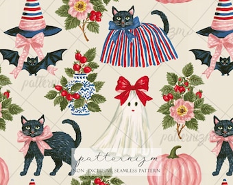 Seamless Pattern, Vintage Halloween Cat Digital Download, Ghost Pumpkin Repeat Design, Grandmillennial Wallpaper Fabric Print