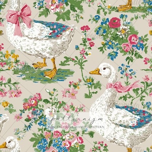 Vintage Goose Pattern – Cute White Goose with Pink Bow and Floral Meadow, Farm Animal Seamless Digital Paper for Crafts & Fabric