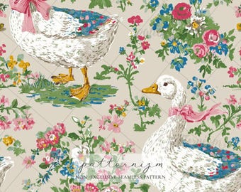 Vintage Gans Muster - niedliche weiße Gans mit rosa Schleife und Blumenwiese, Bauernhof Tiere Nahtloses digitales Papier für Handwerk & Stoff
