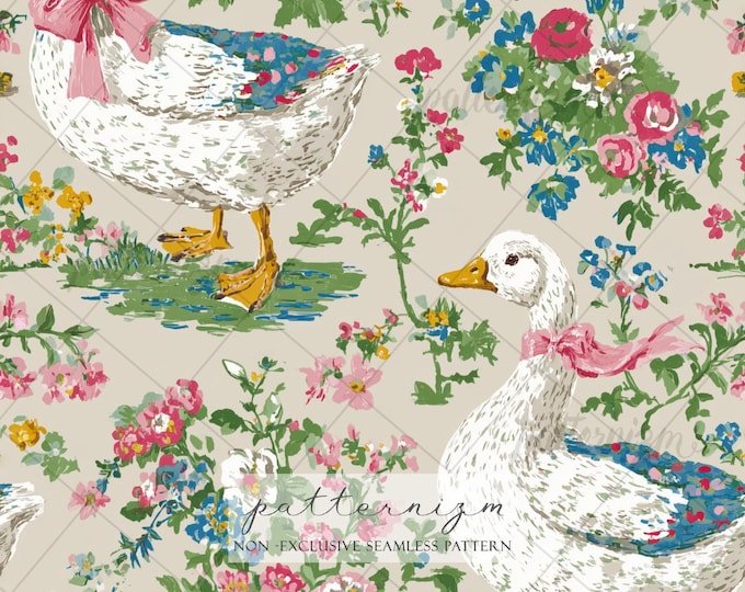 Vintage Goose Pattern – Cute White Goose with Pink Bow and Floral Meadow, Farm Animal Seamless Digital Paper for Crafts & Fabric