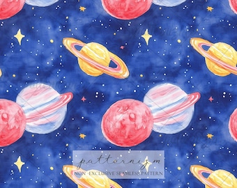 Watercolor Space Planets Seamless Pattern Digital Download – Galaxy Saturn Stars Nursery Fabric Design