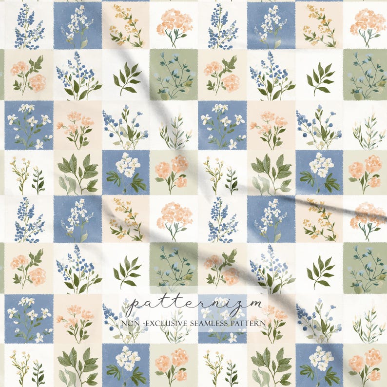 May include: A seamless floral pattern with a grid of squares in white, blue, and green. Each square features watercolor illustrations of flowers and foliage in peach, blue, and green. The text "patternizm" and "NON-EXCLUSIVE SEAMLESS PATTERN" are visible.