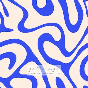 Könnte beinhalten: Nahtloses Muster im Retro-Design. Das Muster zeigt fließende, wellenförmige blaue Formen auf cremefarbenem Hintergrund. Der Text "patternizm" und "NON-EXCLUSIVE SEAMLESS PATTERN" befinden sich unten.