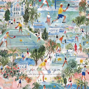 May include: Watercolor illustration of a tennis scene with players in action on green courts. The artwork features a vibrant color palette, palm trees, and buildings in the background. The text "patternizm" and "NON EXCLUSIVE SEAMLESS PATTERN" are visible.