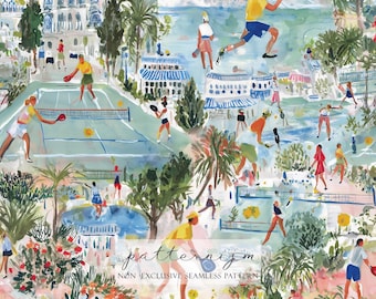 Pickleball Seamless Pattern - Sportliche Sommerplatzszene mit Spielern, Küstenresort-Vibes, Aquarellmuster für Stoffe und Tapeten