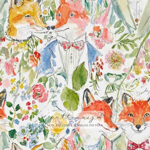 May include: Watercolor illustration featuring foxes in formal attire amidst a floral and foliage background. The foxes are depicted with orange fur, wearing bow ties and suits. The design includes roses, wildflowers, and the text "patternnizm".