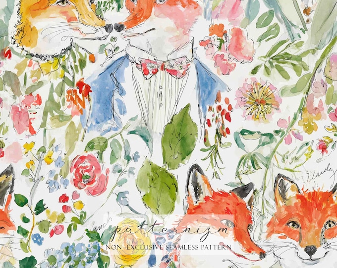 Fox Couple Floral Seamless Pattern – Watercolor Dressed-Up Foxes Surrounded by Colorful Garden Flowers for Romantic Woodland Decor