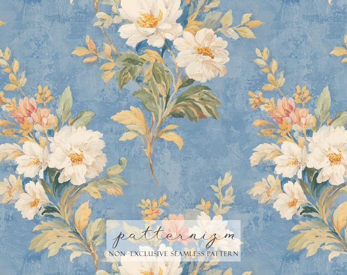 Vintage Floral Seamless Pattern, Beige Cream Flowers on Blue Textured Background, Elegant Cottagecore Fabric Print Download