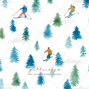May include: A seamless pattern featuring watercolor illustrations of skiers in blue, yellow, and orange jackets with matching hats, skiing past various evergreen trees in shades of blue and green on a white background with the text patternizm.