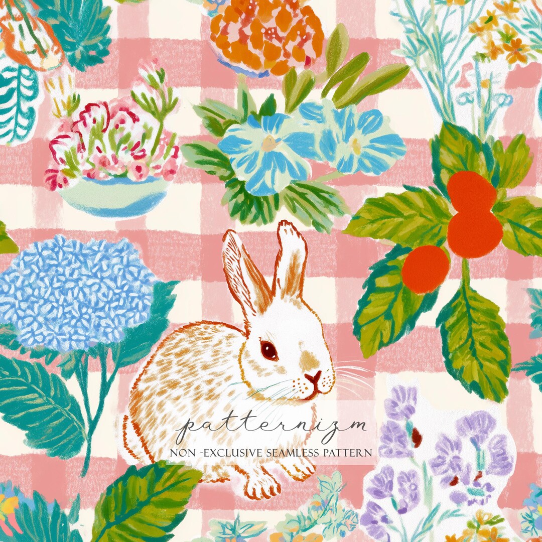 Seamless Picnic Bunny Pattern Digital Download – Cute Rabbit on Pink ...