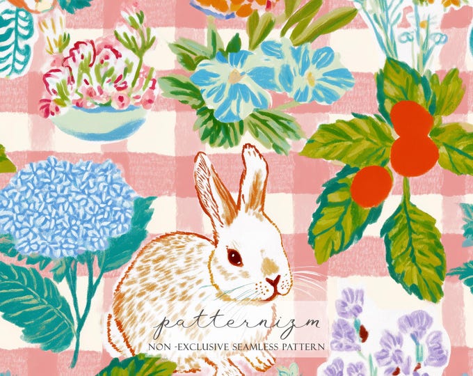 Seamless Picnic Bunny Pattern Digital Download – Cute Rabbit on Pink Gingham with Flowers, Spring Garden Printable Fabric for Kids & Crafts
