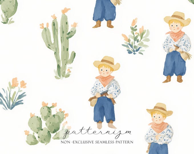 Watercolor Cowboy Boy Pattern Digital Paper – Cute Western Child with Cactus, Seamless Nursery Design for Fabric & Crafts