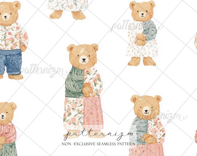 Seamless Teddy Bear Pattern Digital Download – Cute Nursery Animal Design, Soft Vintage Toy Print, Kids Fabric & Baby Decor