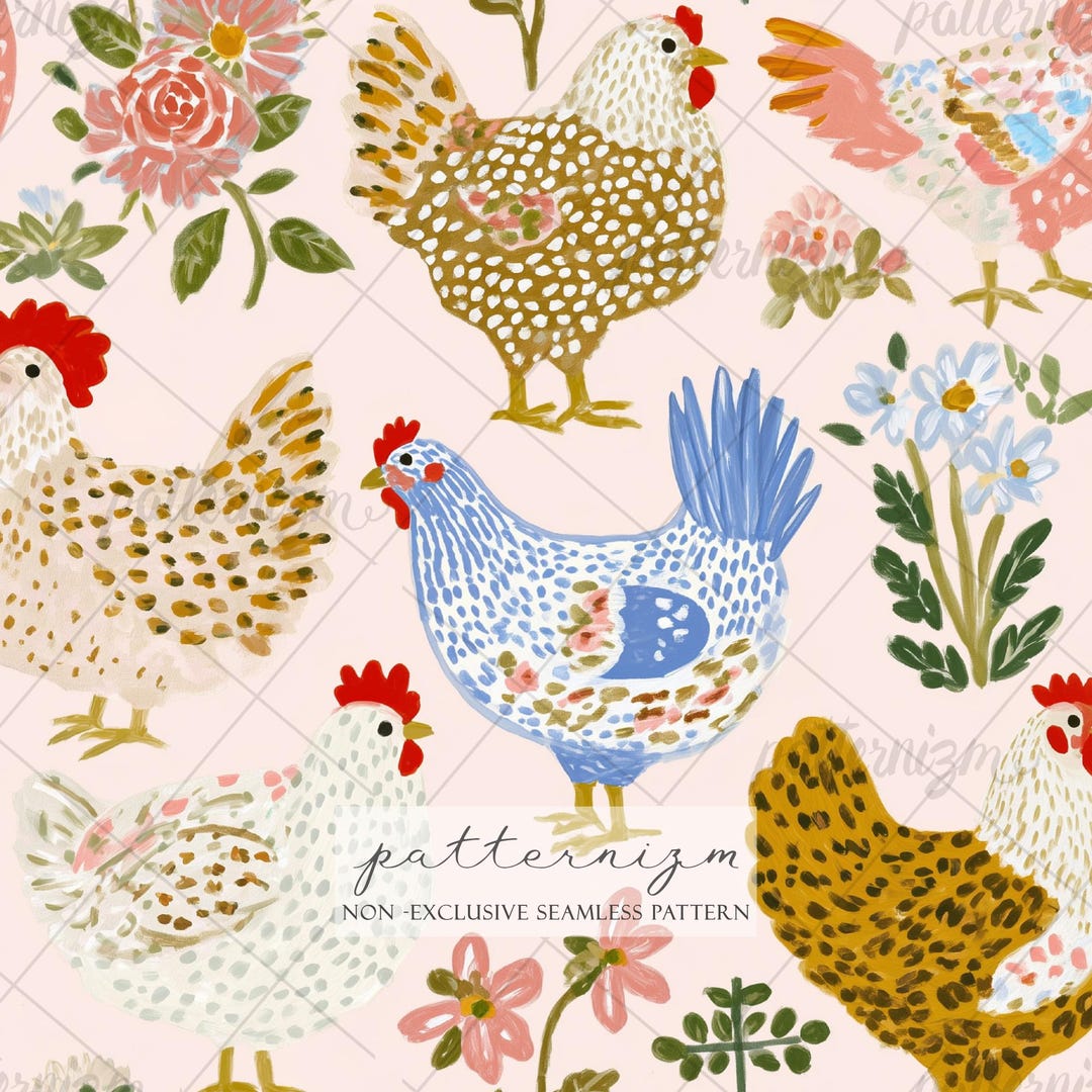 Seamless Chicken Floral Pattern Digital Download – Cottagecore Farm Hen ...