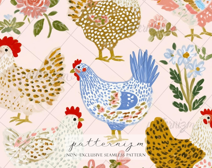 Seamless Chicken Floral Pattern Digital Download – Cottagecore Farm Hen Design, Spring Garden Fabric Print, Whimsical Country Decor