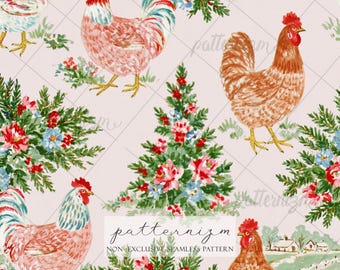 Chicken Christmas Seamless Pattern Digital Download, Rooster Holiday Tree Pink Botanical Design
