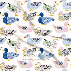 May include: A seamless pattern featuring stylized ducks in various colors, including blue, pink, yellow, and green, against a white background. The ducks have detailed wing patterns and are arranged in a repeating design. The text "NON-EXCLUSIVE SEAMLESS PATTERN" is at the bottom.
