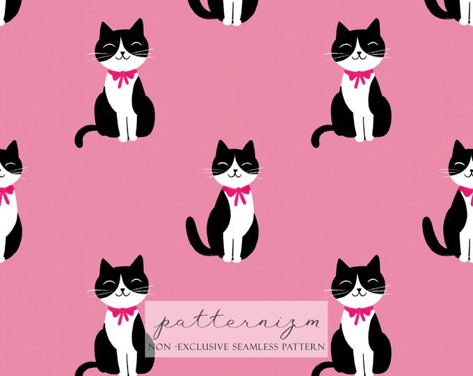 Tuxedo Cat Seamless Pattern – Cute Black and White Cat with Pink Bow on Pink Background, Digital Paper for Kids Crafts & Fabric