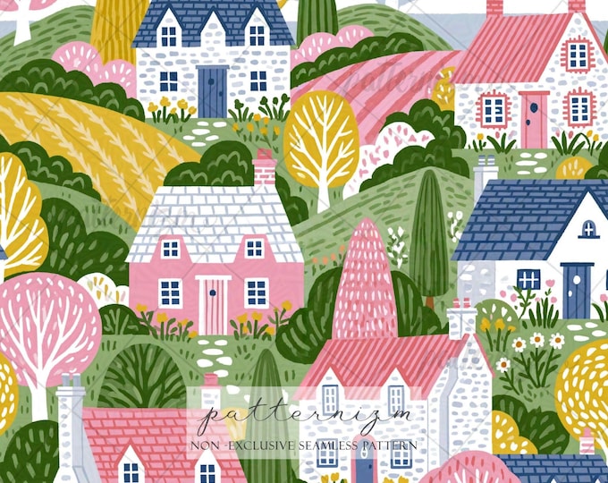 Countryside Cottage Seamless Pattern Digital Download – Whimsical Village Landscape Print for Fabric, Wallpaper & Crafts