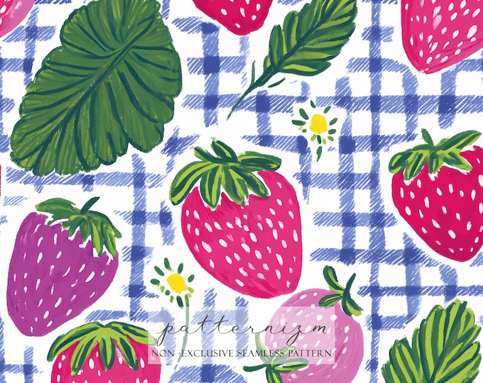 Strawberry Gingham Seamless Pattern – Cute Picnic Repeat Design, Summer Fruit Fabric, Cottage Kitchen Wallpaper