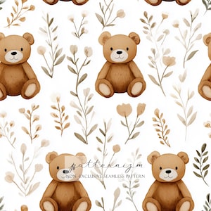 Könnte beinhalten: Nahtloses Muster mit braunen Teddybären und beigen floralen Elementen auf weißem Hintergrund. Die Bären sitzen aufrecht, und die floralen Elemente umfassen Blätter und Blüten. Der Text "patternizm" ist sichtbar.