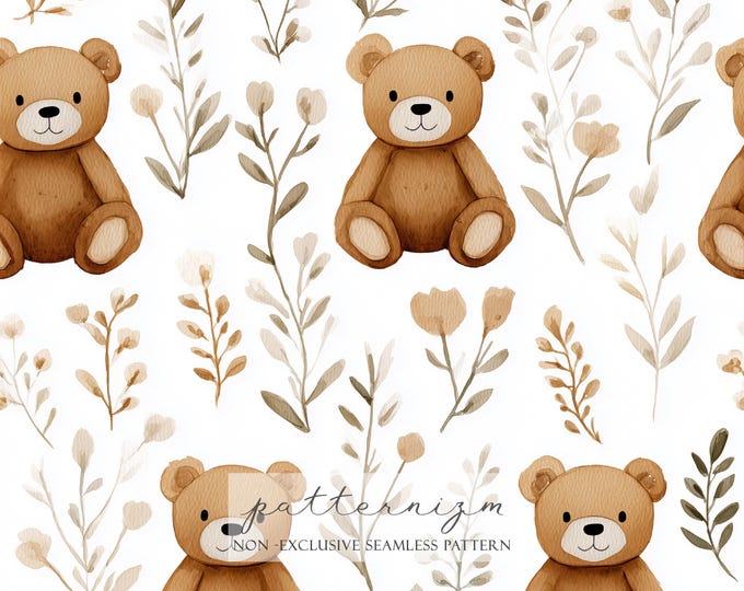 Watercolor Teddy Bear Digital Paper – Seamless Cute Brown Bears with Neutral Foliage for Baby Shower, Nursery Decor & Kids Crafts