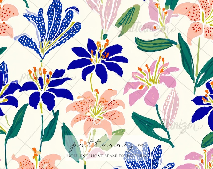 Vibrant Lily Seamless Pattern Digital Download – Artistic Floral Design, Bold Botanical Printable, Whimsical Flower Fabric for Crafts