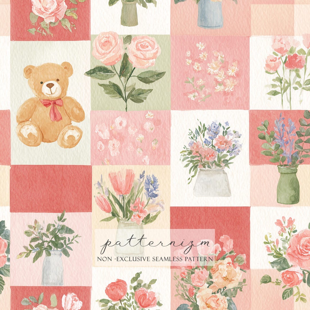 Valentine Teddy Bear Seamless Pattern Digital Paper – Cute Watercolor ...