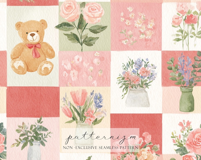 Valentine Teddy Bear Seamless Pattern Digital Paper – Cute Watercolor Bear and Flowers for Kids Fabric