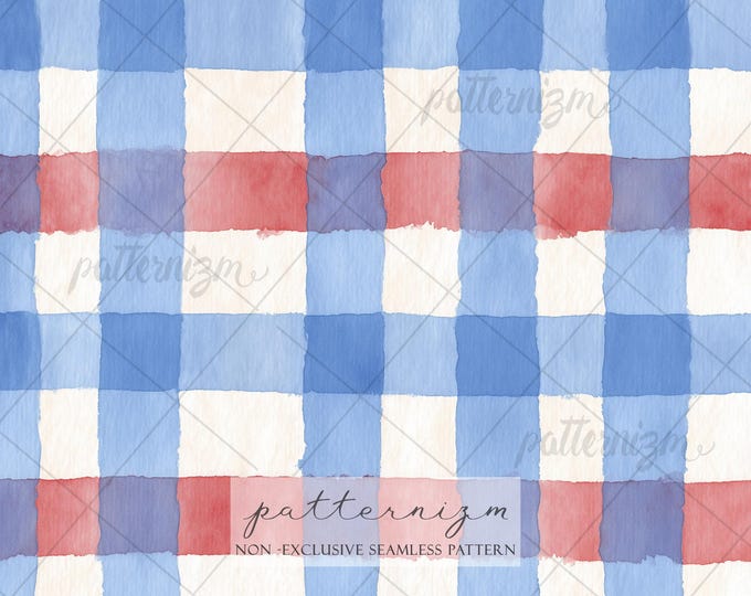 Soft Americana Gingham Seamless Pattern – 4th of July Red White Blue Watercolor Plaid Fabric Design