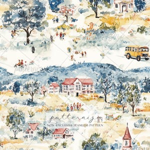 Seamless Back to School Pattern Digital Download – Watercolor Village Scene, Whimsical Learning Theme
