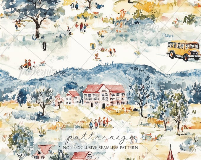 Seamless Back to School Pattern Digital Download – Watercolor Village Scene, Whimsical Learning Theme