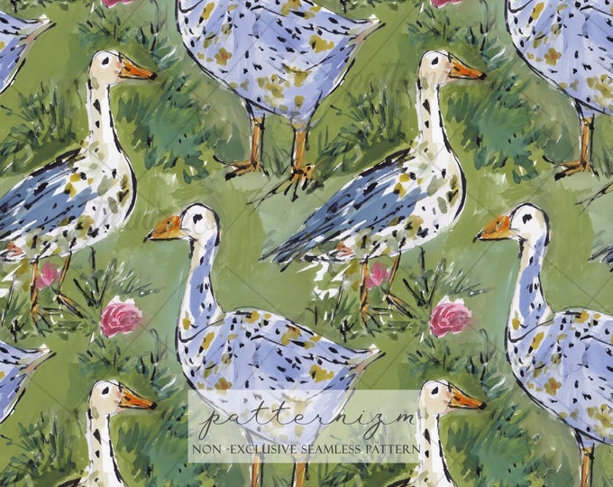 Seamless Goose Meadow Pattern Digital Download – Vintage Farm Bird Design with Floral Grass, Cottagecore Animal Print, Rustic Fabric