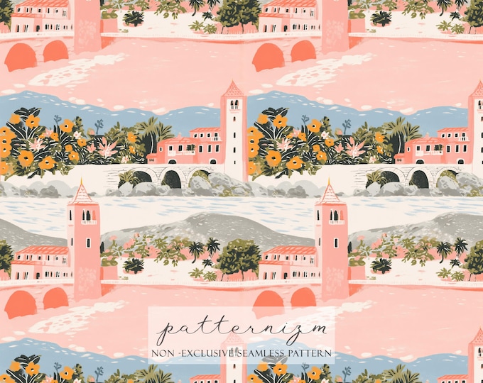 Italy Vibes Seamless Pattern Digital Learn – Mediterranean Village Illustration Repeat Design