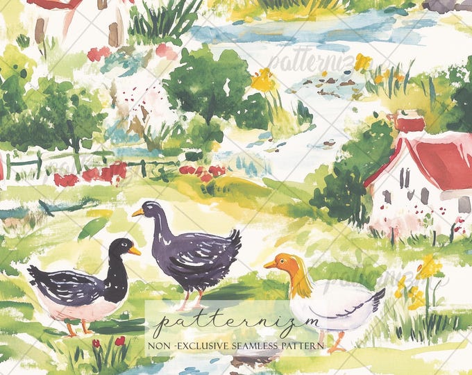 Cottage Farm Duck Seamless Pattern, Watercolor Countryside Landscape, Rustic Pond Scene, Country Cottage Fabric Print, Vintage Rural Design