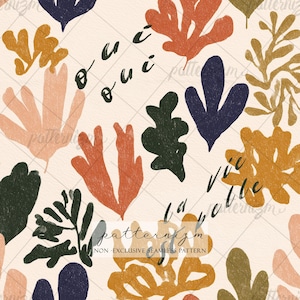 May include: A seamless pattern featuring abstract botanical shapes in shades of orange, navy, green, and gold on a cream background. The design includes the text "oui" and "la vie belle". The pattern is labeled "NON-EXCLUSIVE SEAMLESS PATTERN".