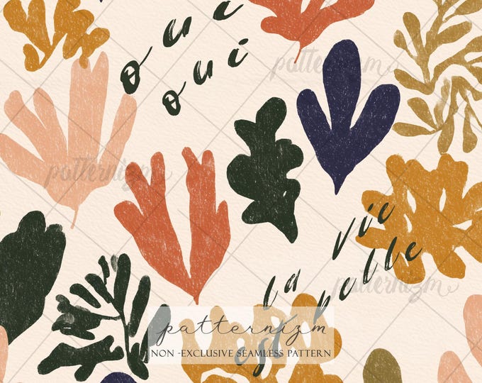 Abstract Botanical Seamless Pattern with French Text – La Vie Est Belle Modern Organic Shapes, Neutral Earthy Print, Minimal Leaf Design