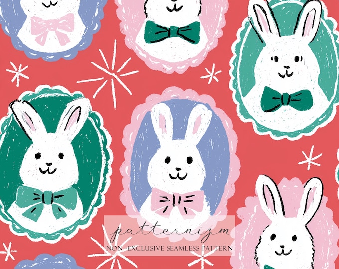Easter Bunny Seamless Pattern Digital Download – Vintage Rabbit Portrait Repeat, Retro Spring Fabric
