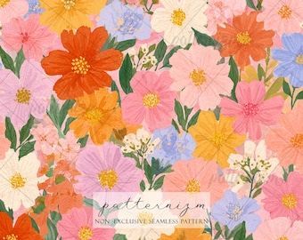 Bezszwowy, żywy wzór łąki do pobrania w wersji cyfrowej – gęsty, pomarańczowy i różowy wzór kwiatowy, fantazyjny materiał na letni ogród do rękodzieła