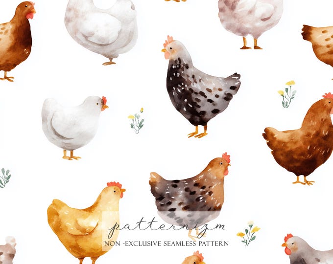 Watercolor Chicken Seamless Pattern Digital Paper – Cute Farm Animal Repeat Design