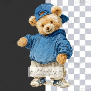 Puede incluir: Una ilustración en acuarela de un oso de peluche con una sudadera con capucha azul, una gorra de béisbol y pantalones blancos. El oso también lleva zapatillas azules y blancas. La imagen tiene el texto "patternizm" y "CLIPART PNG IMAGE".