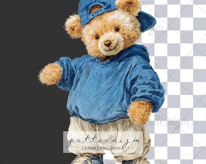 Watercolor Teddy Bear Clipart PNG – Cool Plush Bear with Blue Sweat, Nursery Painted Baby Animal Illustration Sublimation & Crafts