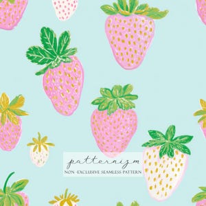 May include: A seamless pattern featuring hand-painted strawberries in shades of pink, green, and yellow on a light blue background. The strawberries have green leafy tops and yellow seeds. The text "patternizm" and "NON - EXCLUSIVE SEAMLESS PATTERN" are also visible.