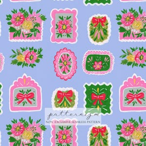 May include: A seamless pattern on a light blue background featuring various decorative elements. These include pink framed flowers, green and pink bow designs, and floral arrangements. The text "patternizm" and "NON-EXCLUSIVE SEAMLESS PATTERN" are also present.