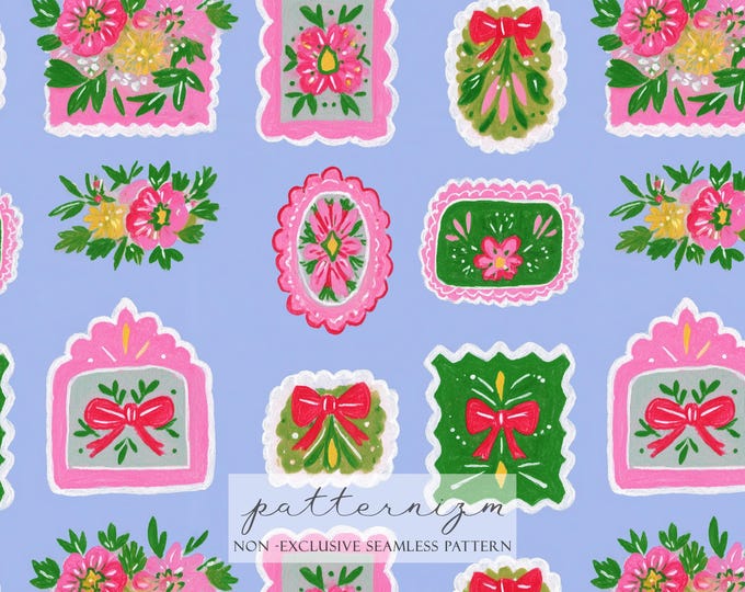 Retro Floral Stamp Seamless Pattern – Cute Vintage Frames with Flowers and Ribbons, Scrapbook Digital Paper
