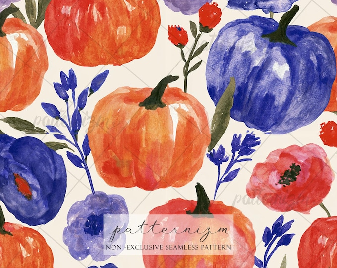 Autumn Pumpkin Floral Seamless Pattern Digital Download – Watercolor Fall Harvest Print for Fabric, Wallpaper & Thanksgiving Decor