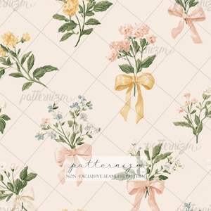 May include: A seamless pattern featuring bouquets of flowers tied with ribbons. The flowers are in shades of yellow, pink, and blue, with green leaves. The ribbons are in soft pastel colors. The background is a light beige color with a subtle grid pattern. The text "patternizm" and "NON-EXCLUSIVE SEAMLESS PATTERN" are visible.